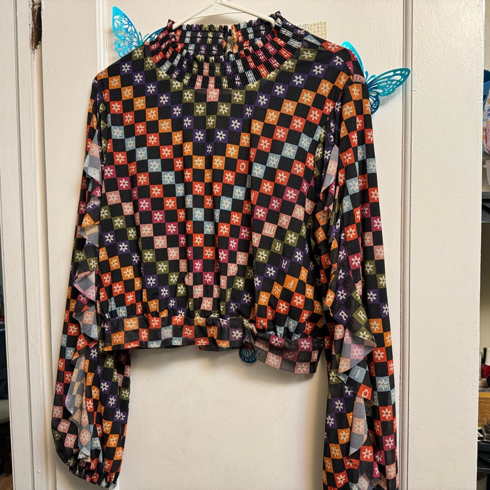 Anthropologie Farm Rio X Anthropologie Checked High Neck Blouse M